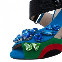 مملوكة مسبقًا Prada Color Block Suede Asymmetric Jeweled Ankle Strap Sandals Size 36