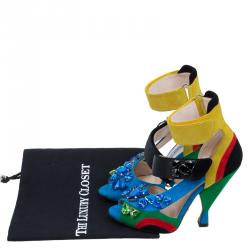 مملوكة مسبقًا Prada Color Block Suede Asymmetric Jeweled Ankle Strap Sandals Size 36
