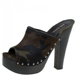 Pre Owned Prada Green Camouflage Calf Hair Platform Clogs Size 39.5
