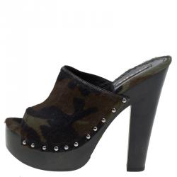 Pre Owned Prada Green Camouflage Calf Hair Platform Clogs Size 39.5