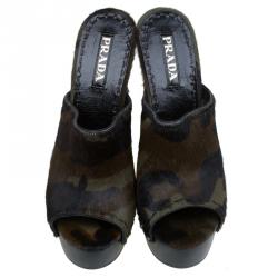 Pre Owned Prada Green Camouflage Calf Hair Platform Clogs Size 39.5