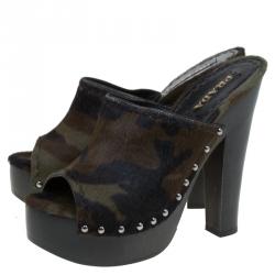Pre Owned Prada Green Camouflage Calf Hair Platform Clogs Size 39.5