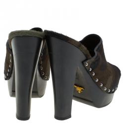 Pre Owned Prada Green Camouflage Calf Hair Platform Clogs Size 39.5