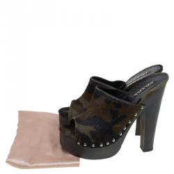 Pre Owned Prada Green Camouflage Calf Hair Platform Clogs Size 39.5