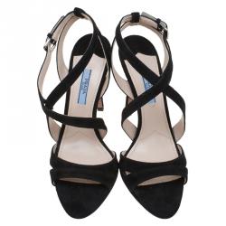Pre Owned Prada Black Suede Cross Strap Sandals Size 38