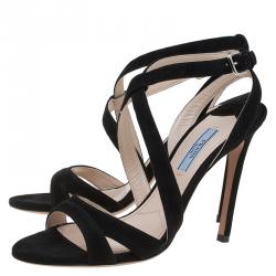 Pre Owned Prada Black Suede Cross Strap Sandals Size 38