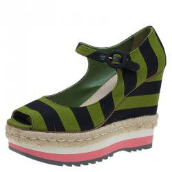Pre Owned Prada Two Tone Striped Canvas Mary Jane Platform Peep Toe Wedge Pumps Size 40