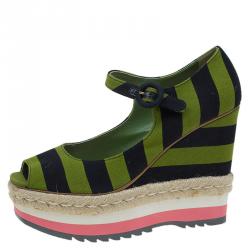 Pre Owned Prada Two Tone Striped Canvas Mary Jane Platform Peep Toe Wedge Pumps Size 40