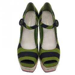 Pre Owned Prada Two Tone Striped Canvas Mary Jane Platform Peep Toe Wedge Pumps Size 40