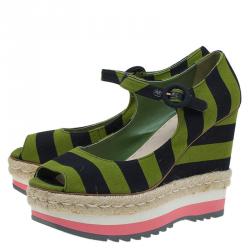 Pre Owned Prada Two Tone Striped Canvas Mary Jane Platform Peep Toe Wedge Pumps Size 40