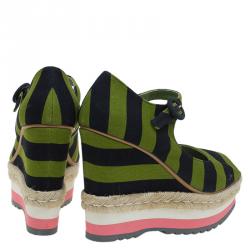 Pre Owned Prada Two Tone Striped Canvas Mary Jane Platform Peep Toe Wedge Pumps Size 40