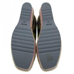 Pre Owned Prada Two Tone Striped Canvas Mary Jane Platform Peep Toe Wedge Pumps Size 40