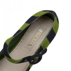 Pre Owned Prada Two Tone Striped Canvas Mary Jane Platform Peep Toe Wedge Pumps Size 40