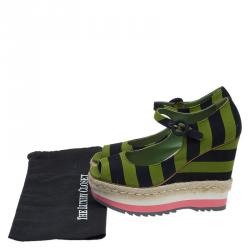 Pre Owned Prada Two Tone Striped Canvas Mary Jane Platform Peep Toe Wedge Pumps Size 40