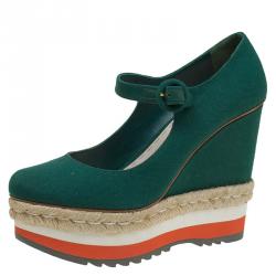 Pre Owned Prada Cobalt Green Canvas Mary Jane Platform Wedge Pumps Size 40