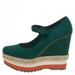 Pre Owned Prada Cobalt Green Canvas Mary Jane Platform Wedge Pumps Size 40