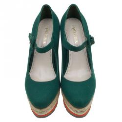 Pre Owned Prada Cobalt Green Canvas Mary Jane Platform Wedge Pumps Size 40