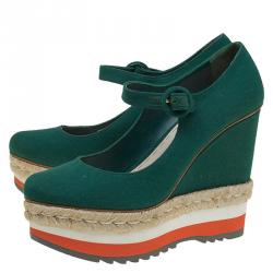 Pre Owned Prada Cobalt Green Canvas Mary Jane Platform Wedge Pumps Size 40