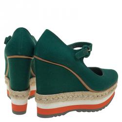 Pre Owned Prada Cobalt Green Canvas Mary Jane Platform Wedge Pumps Size 40