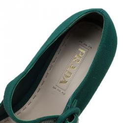 Pre Owned Prada Cobalt Green Canvas Mary Jane Platform Wedge Pumps Size 40