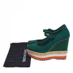 Pre Owned Prada Cobalt Green Canvas Mary Jane Platform Wedge Pumps Size 40