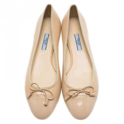Pre Owned Prada Beige Leather Cap Toe Bow Detail  Ballet Flats Size 39