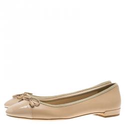 Pre Owned Prada Beige Leather Cap Toe Bow Detail  Ballet Flats Size 39