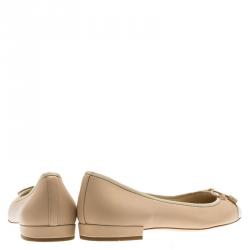 Pre Owned Prada Beige Leather Cap Toe Bow Detail  Ballet Flats Size 39