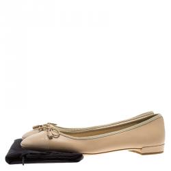 Pre Owned Prada Beige Leather Cap Toe Bow Detail  Ballet Flats Size 39