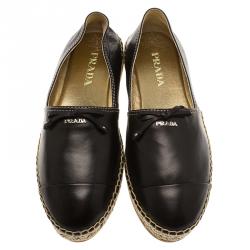 Pre Owned Prada Black Leather Bow Detail  Espadrilles Size 36