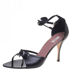 Pre Owned Prada Black Leather Floral Embellished Ankle Strap Sandals Size 41