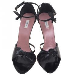 Pre Owned Prada Black Leather Floral Embellished Ankle Strap Sandals Size 41