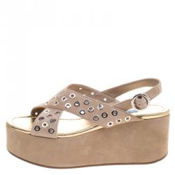 Prada Beige Eyelet Embellished Suede Criss Cross Platform Sandals Size 38