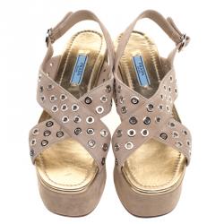 Prada Beige Eyelet Embellished Suede Criss Cross Platform Sandals Size 38
