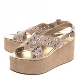 Prada Beige Eyelet Embellished Suede Criss Cross Platform Sandals Size 38