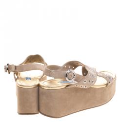 Prada Beige Eyelet Embellished Suede Criss Cross Platform Sandals Size 38