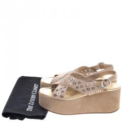 Prada Beige Eyelet Embellished Suede Criss Cross Platform Sandals Size 38