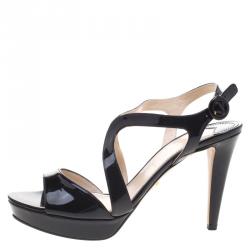 Pre Owned Prada Black Patent Leather Cross Strap Platform Sandals Size 39.5