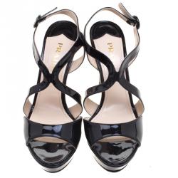Pre Owned Prada Black Patent Leather Cross Strap Platform Sandals Size 39.5