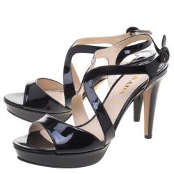 Pre Owned Prada Black Patent Leather Cross Strap Platform Sandals Size 39.5