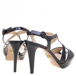 Pre Owned Prada Black Patent Leather Cross Strap Platform Sandals Size 39.5