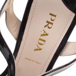 Pre Owned Prada Black Patent Leather Cross Strap Platform Sandals Size 39.5