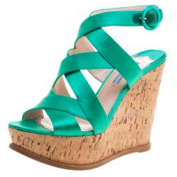 Prada Emerald Green Satin Criss Cross Cork Wedge Sandals Size 39