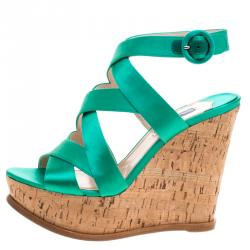 Prada Emerald Green Satin Criss Cross Cork Wedge Sandals Size 39