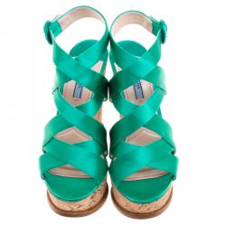 Prada Emerald Green Satin Criss Cross Cork Wedge Sandals Size 39