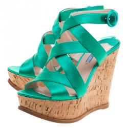 Prada Emerald Green Satin Criss Cross Cork Wedge Sandals Size 39