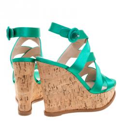 Prada Emerald Green Satin Criss Cross Cork Wedge Sandals Size 39