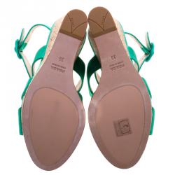 Prada Emerald Green Satin Criss Cross Cork Wedge Sandals Size 39