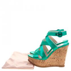 Prada Emerald Green Satin Criss Cross Cork Wedge Sandals Size 39