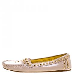 Pre Owned Prada Beige Studded Patent Leather Moccasins Size 38